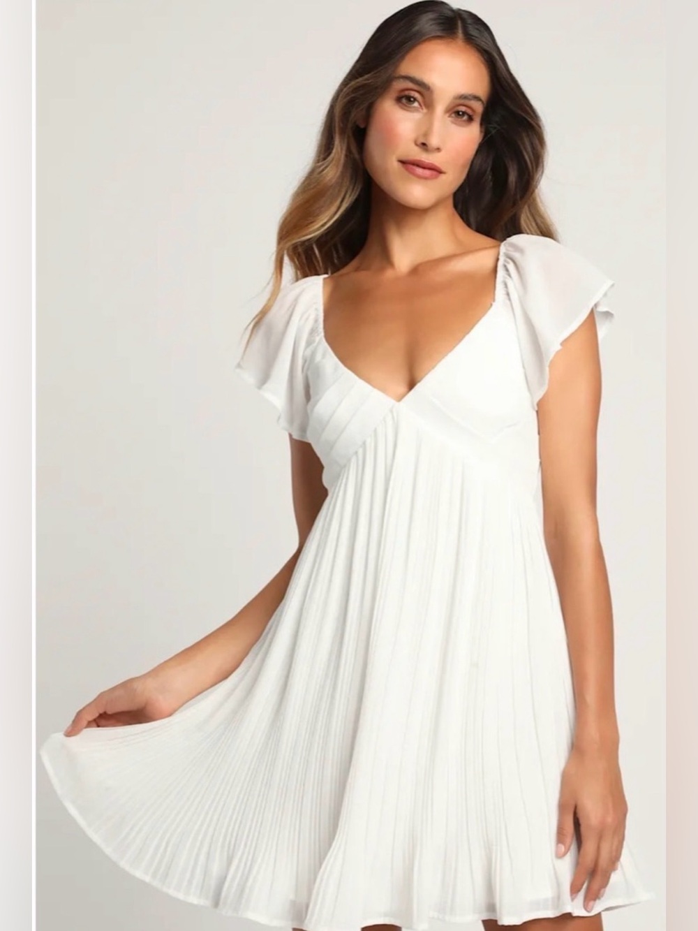Lulu's White Pleated V-Neck Flutter Sleeve Midi Dress